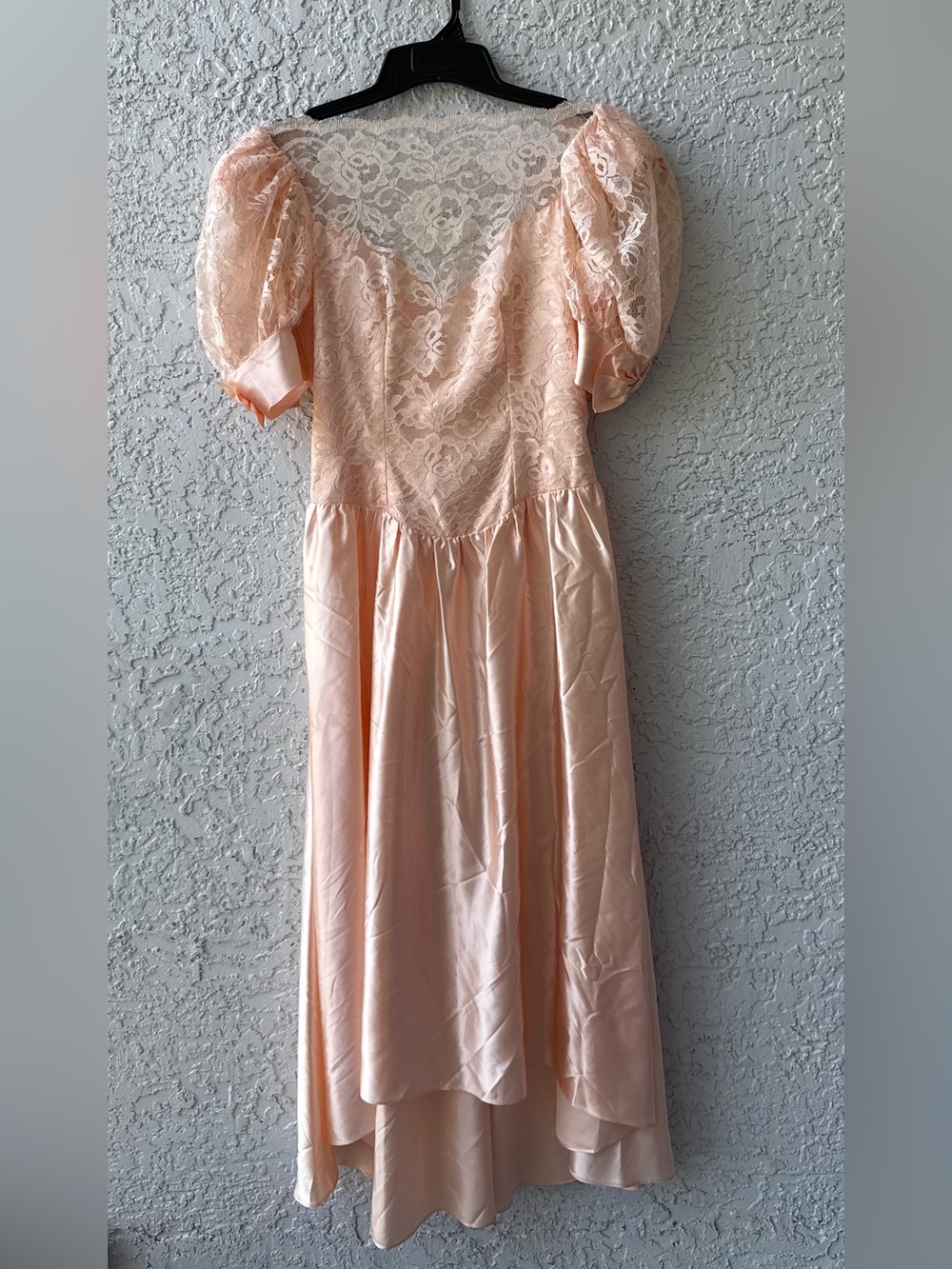 Vintage 80’s Alfred Angelo Lace Puff Sleeve Peach Midi Dress Prom Wedding Medium